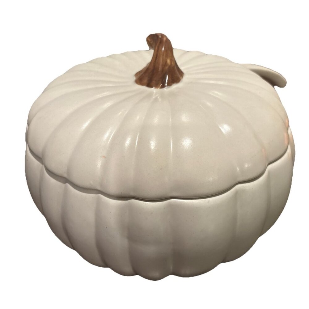 The Great Indoors White Harvest Pumpkin Thanksgiving Soup Bowl w/spoon 9 X 6”